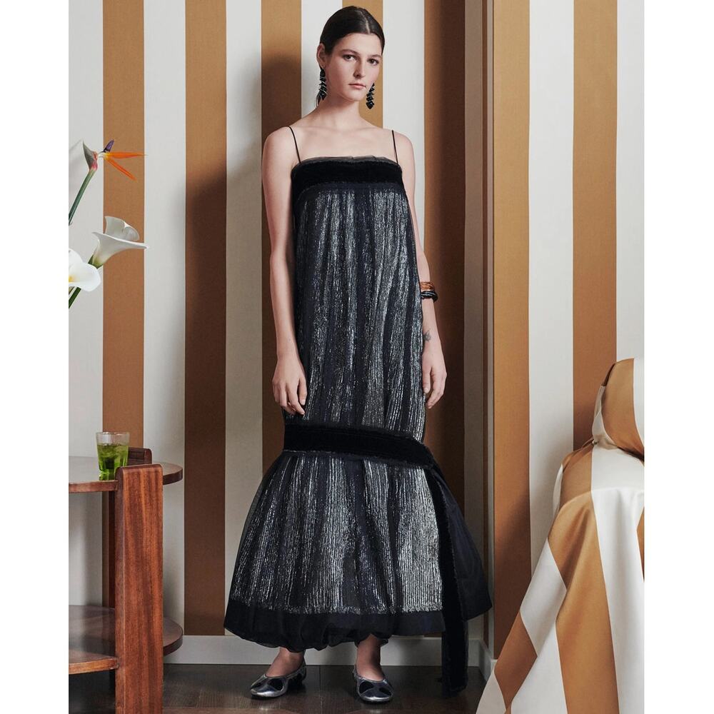Tory Burch Crinkle Stripe Lamé Dress evening black silver Size 6